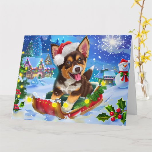 Australische Kelpie Hond in Sleigh Sneeuw Kerstmis Kaart (Gele Bloem)