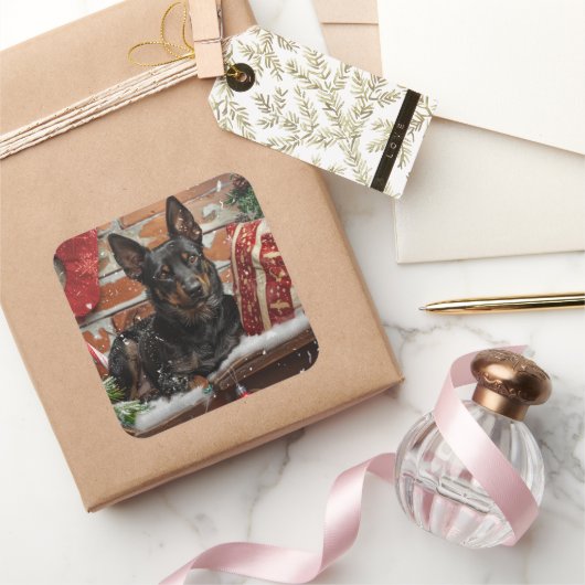 Australische Kelpie Hond Kerst Feestelijk Vierkante Sticker (Geschenken)