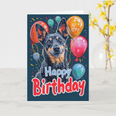 Australische Kelpie hond met ballonnen Verjaardag Kaart (Gele Bloem)