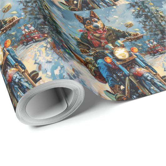 Australische Kelpie Hond Rijden Motorfiets Kerstmi Cadeaupapier (Rol Hoek)