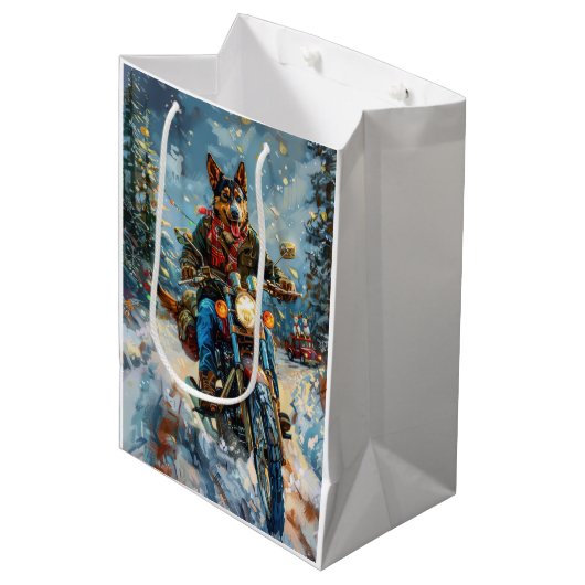 Australische Kelpie Hond Rijden Motorfiets Kerstmi Medium Cadeauzakje (Voorkant Gekanteld)