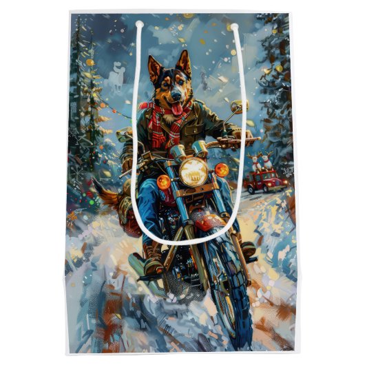 Australische Kelpie Hond Rijden Motorfiets Kerstmi Medium Cadeauzakje (Achterkant)