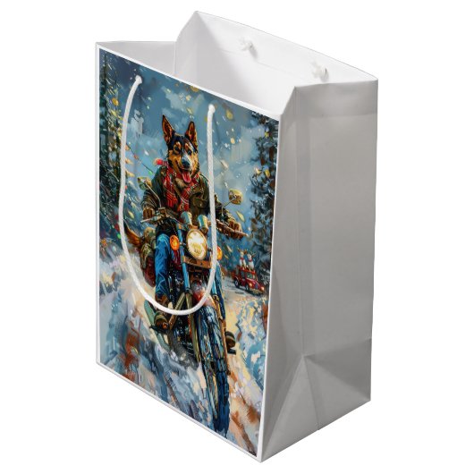 Australische Kelpie Hond Rijden Motorfiets Kerstmi Medium Cadeauzakje (Achterkant Gekanteld)