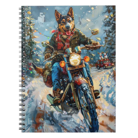 Australische Kelpie Hond Rijden Motorfiets Kerstmi Notitieboek (Voorkant)