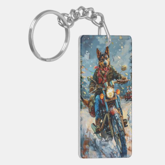 Australische Kelpie Hond Rijden Motorfiets Kerstmi Sleutelhanger (Voorkant Links)