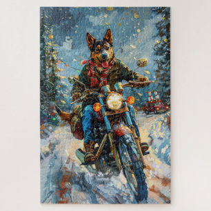 Australische Kelpie-hond rijdt op motorfiets met K Legpuzzel