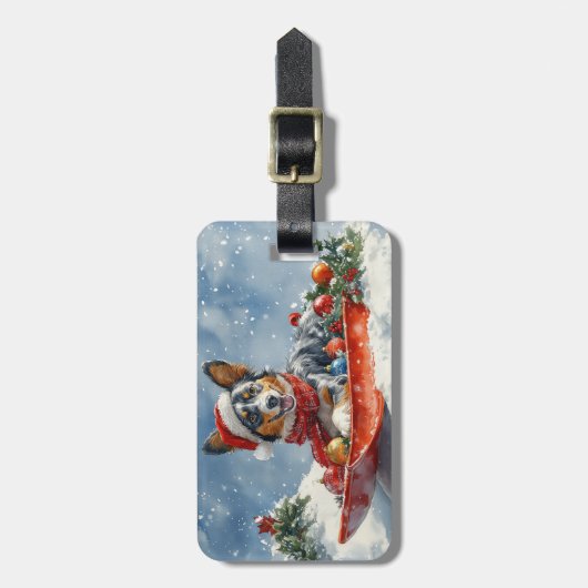 Australische Kelpie in Sledge Laat het Sneeuw Kers Bagagelabel (Voorkant verticaal)