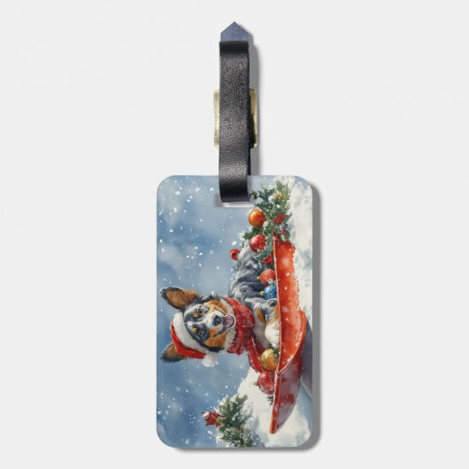 Australische Kelpie in Sledge Laat het Sneeuw Kers Bagagelabel (Achterkant verticaal)