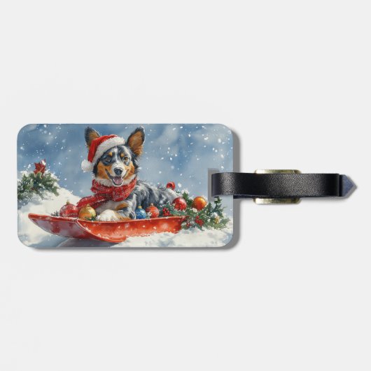 Australische Kelpie in Sledge Laat het Sneeuw Kers Bagagelabel (Achterkant horizontaal)