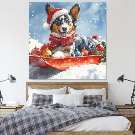 Australische Kelpie in Sledge Laat het Sneeuw Kers Canvas Afdruk (Insitu (Slaapkamer))