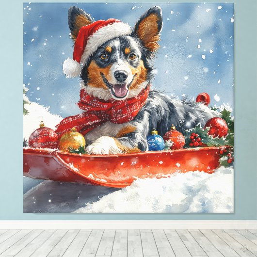 Australische Kelpie in Sledge Laat het Sneeuw Kers Canvas Afdruk (Insitu (Houten vloer))