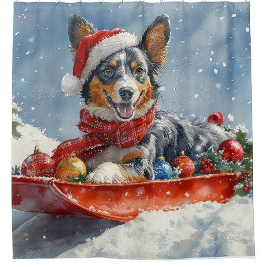 Australische Kelpie in Sledge Laat het Sneeuw Kers Douchegordijn (Voorkant)