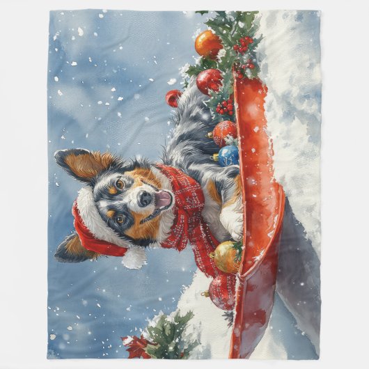 Australische Kelpie in Sledge Laat het Sneeuw Kers Fleece Deken (Voorkant)