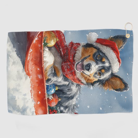 Australische Kelpie in Sledge Laat het Sneeuw Kers Golfhanddoek (Horizontaal)