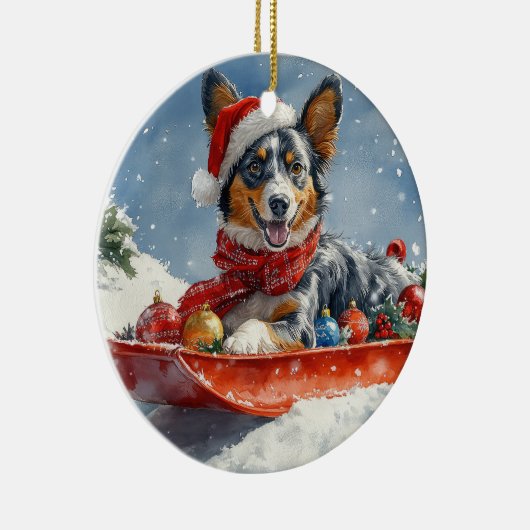 Australische Kelpie in Sledge Laat het Sneeuw Kers Keramisch Ornament (Rechts)