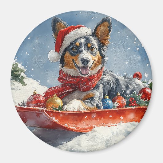 Australische Kelpie in Sledge Laat het Sneeuw Kers Magneet (Voorkant)