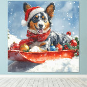 Australische Kelpie in slee Laat het sneeuwen Kers Canvas Afdruk (Insitu (Houten vloer))
