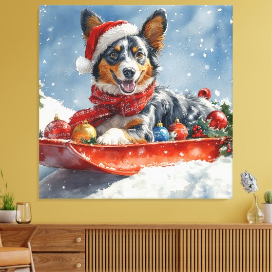 Australische Kelpie in slee Laat het sneeuwen Kers Canvas Afdruk (Insitu (Woonkamer))