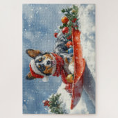 Australische Kelpie in slee Laat het sneeuwen Kers Legpuzzel (Verticaal)