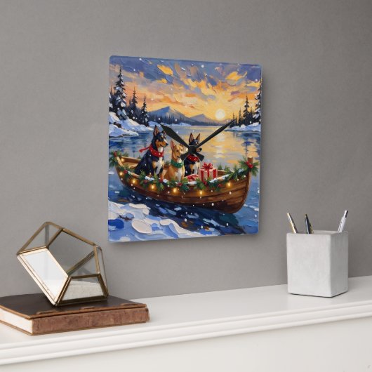 Australische Kelpie Kerstboot Vakantie Vierkante Klok (Kantoor)