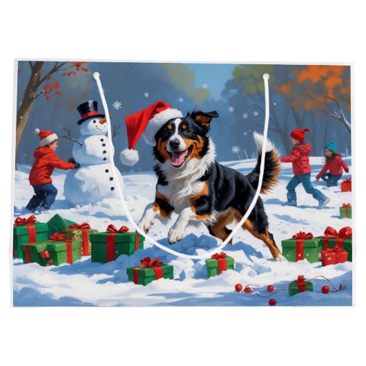 Australische Kelpie Kerstfeest Sneeuwscène Groot Cadeauzakje (Achterkant)