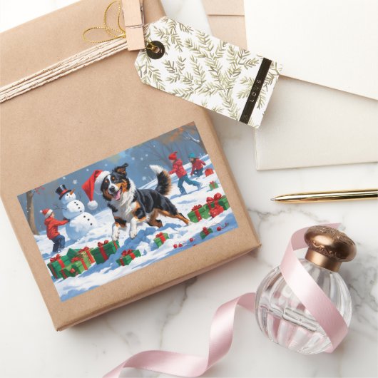 Australische Kelpie Kerstfeest Sneeuwscène Rechthoekige Sticker (Geschenken)