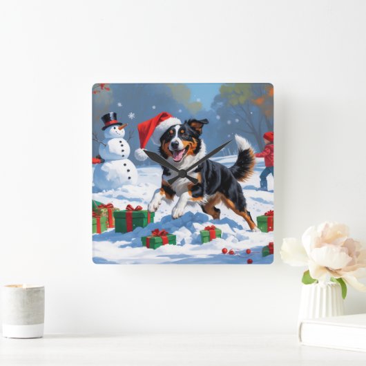 Australische Kelpie Kerstfeest Sneeuwscène Vierkante Klok (Huis)