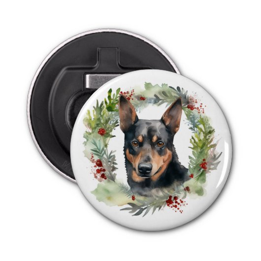 Australische Kelpie Kerstkrans Feestelijke Pup Button Flesopener (Voorkant)