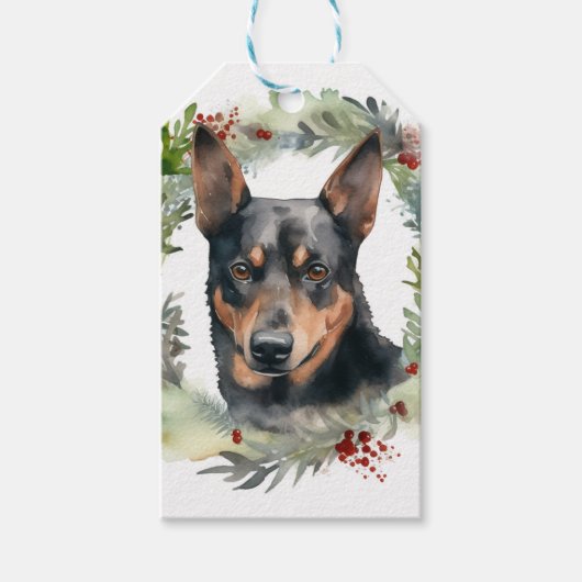 Australische Kelpie Kerstkrans Feestelijke Pup Cadeaulabel (Voorkant)
