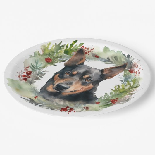 Australische Kelpie Kerstkrans Feestelijke Pup Papieren Bordje (Gekanteld)