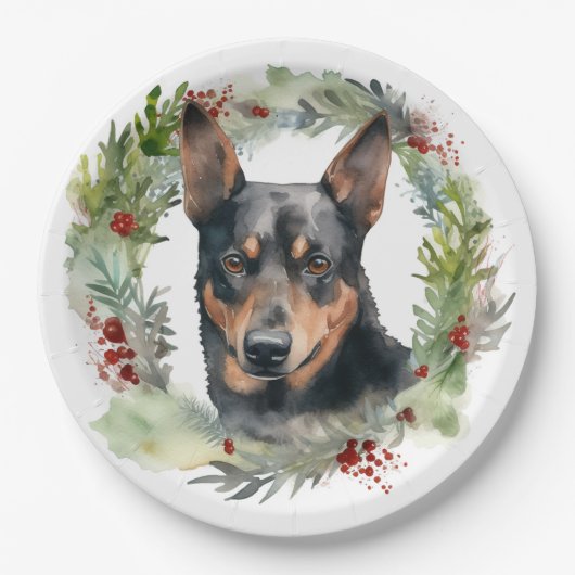 Australische Kelpie Kerstkrans Feestelijke Pup Papieren Bordje (Voorkant)