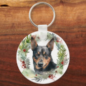 Australische Kelpie Kerstkrans Feestelijke Pup Sleutelhanger (Voorkant)