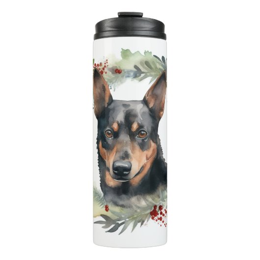 Australische Kelpie Kerstkrans Feestelijke Pup Thermosbeker (Voorkant)