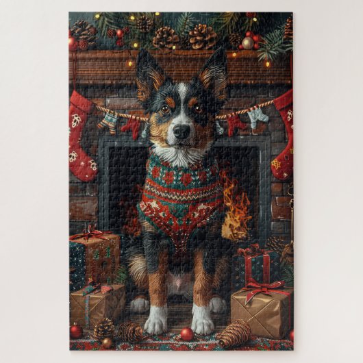Australische Kelpie met kerstcadeaus open haard Legpuzzel (Verticaal)