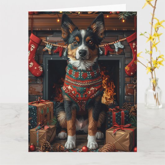 Australische Kelpie met kerstgeschenken open haard Kaart (Gele Bloem)
