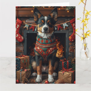 Australische Kelpie met kerstgeschenken open haard Kaart