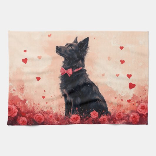 Australische Kelpie met Rozen - Valentijnsdag Theedoek (Horizontaal)