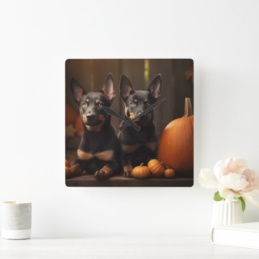 Australische Kelpie Puppy Herfst Delight Pompoen Vierkante Klok (Huis)