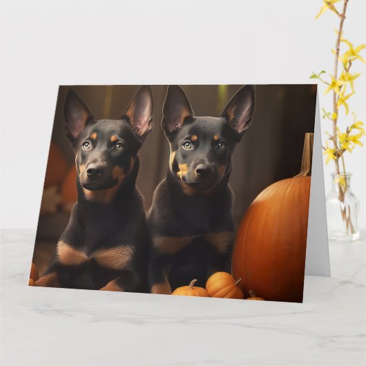 Australische Kelpie Puppy Herfst Plezier Pompoen Kaart (Gele Bloem)