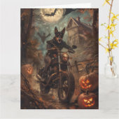 Australische Kelpie Riding Motorfiets Halloween Kaart (Gele Bloem)