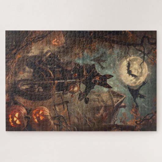 Australische Kelpie Riding Motorfiets Halloween Legpuzzel (Horizontaal)