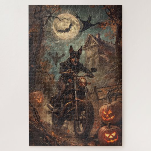 Australische Kelpie Riding Motorfiets Halloween Legpuzzel (Verticaal)