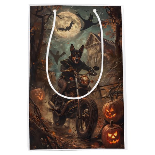 Australische Kelpie Riding Motorfiets Halloween Medium Cadeauzakje (Voorkant)