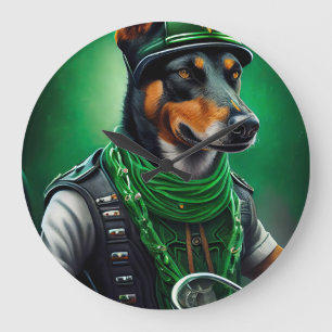 Australische Kelpie rijdt fiets St. Patrick's Day Grote Klok