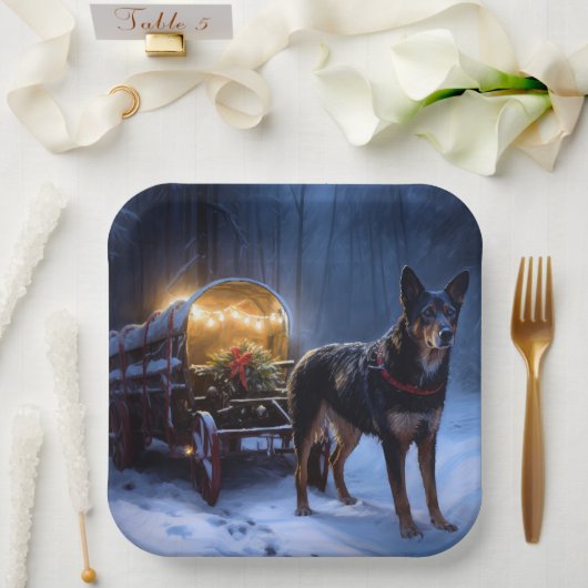 Australische Kelpie Snowy Sleigh Kerst Decor Papieren Bordje (Huwelijk)