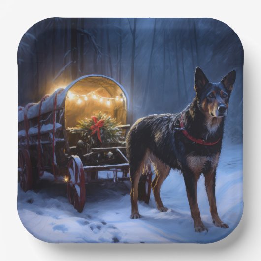 Australische Kelpie Snowy Sleigh Kerst Decor Papieren Bordje (Voorkant)