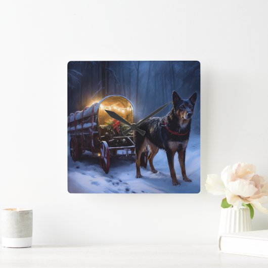 Australische Kelpie Snowy Sleigh Kerst Decor Vierkante Klok (Huis)