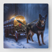 Australische Kelpie Snowy Sleigh Kerst Decor Vierkante Klok (Voorkant)