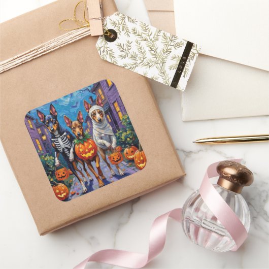 Australische Kelpie Trick-or-Treating Halloween Vierkante Sticker (Geschenken)