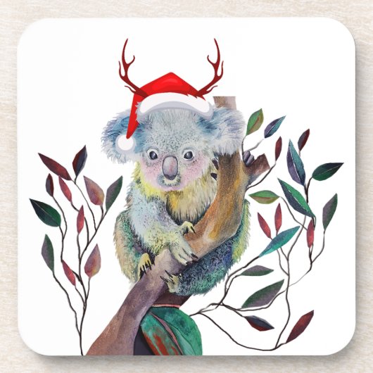 Australische Kerstmis Koala Santa Hoed Rood Groen Bier Onderzetter (Voorkant)